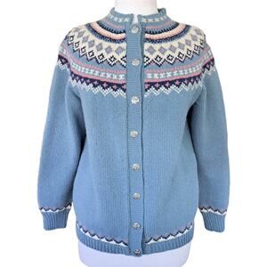 Husfliden 100% Wool Handknit Nordic Cardigan Sweater Blue